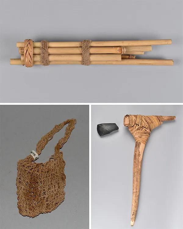 three photographs of wood artifacts with rope included