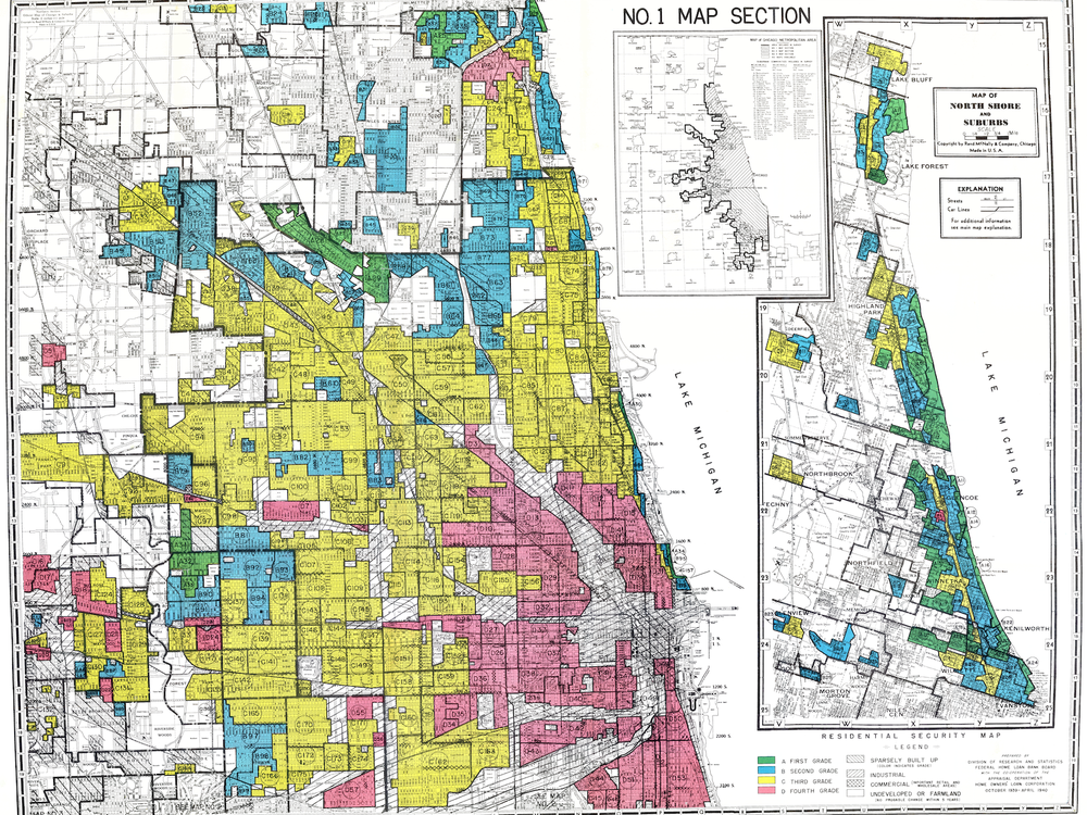 A map of the Loop and north side of Chicago, split up into small neighborhoods that are color-coded as red, yellow, blue or green