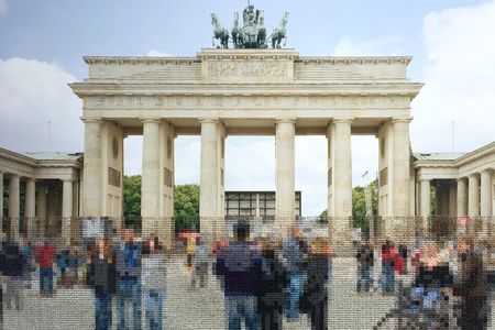 Diane Meyer walked the entire 96-mile perimeter of the former wall to take pictures for her hand-sewn photograph series “Berlin.” Above, Brandenburg Gate, 2015.     
