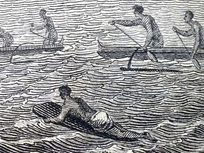 Detail of a surfer in "A View of Karakakooa, in Owyhee," an etching made by an artist accompanying the Cook expedition.