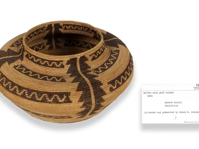 Coiled basket jar, ca. 1900, made by Mary Burkhead (Western Mono). Madera County, California. 16/5503. Through archival research, the museum now knows that a Western Mono woman named Mary Burkhead made this coiled basketry jar, information not listed on the catalog card. The research is part of a multiyear, multi-institutional project to recover information that was separated from, or perhaps never a part of, the museum's catalog records. (National Museum of the American Indian, Smithsonian. Note: Objects and catalog cards in these photo composites are not to scale.)