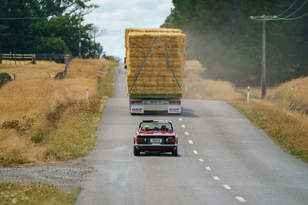 Hay truck creates small traffic jam thumbnail