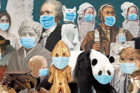 Artifacts and artworks from around the Smithsonian model the Institution's mandatory mask requirement (see below for key to their identities and locations).