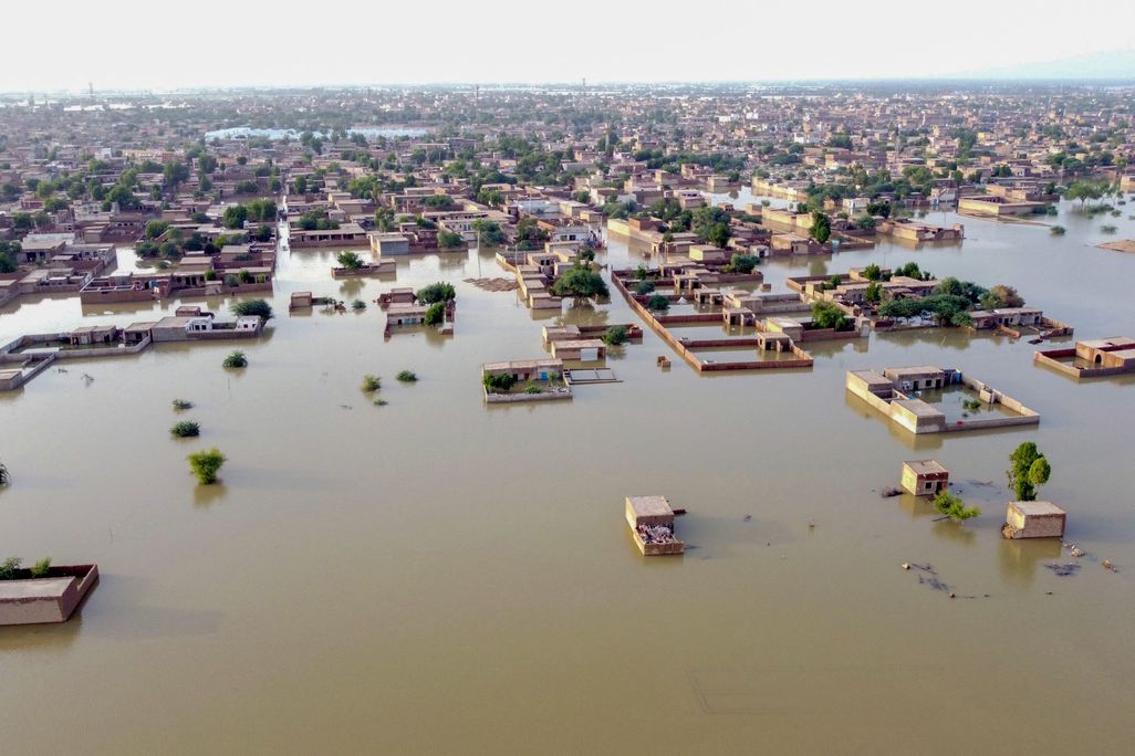 An aerial view showing a heavily flooded residential area in Pakistan.