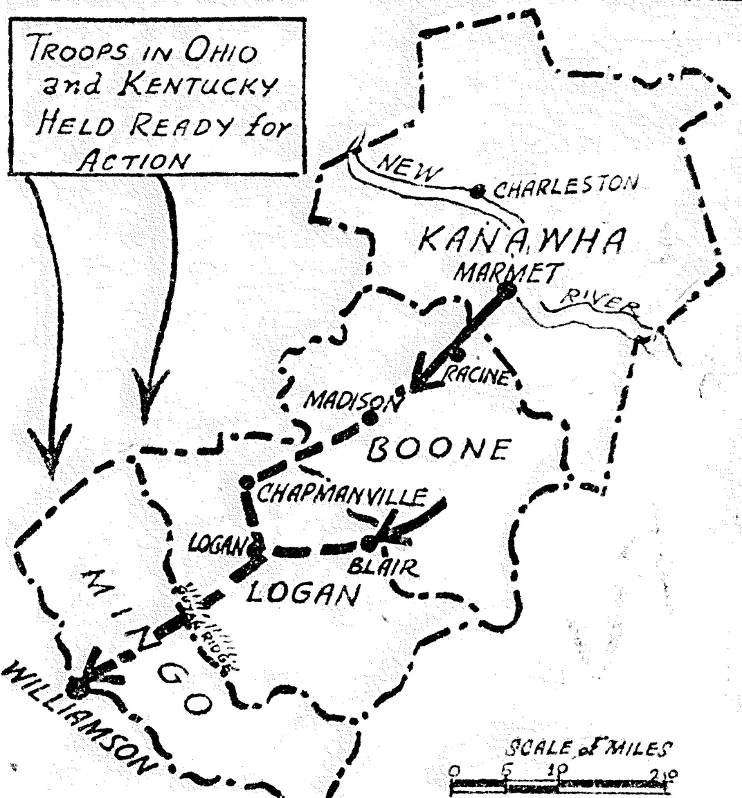 Map of the movement of the union miners from Marmet to Williamson during the Battle of Blair Mountain in 1921.