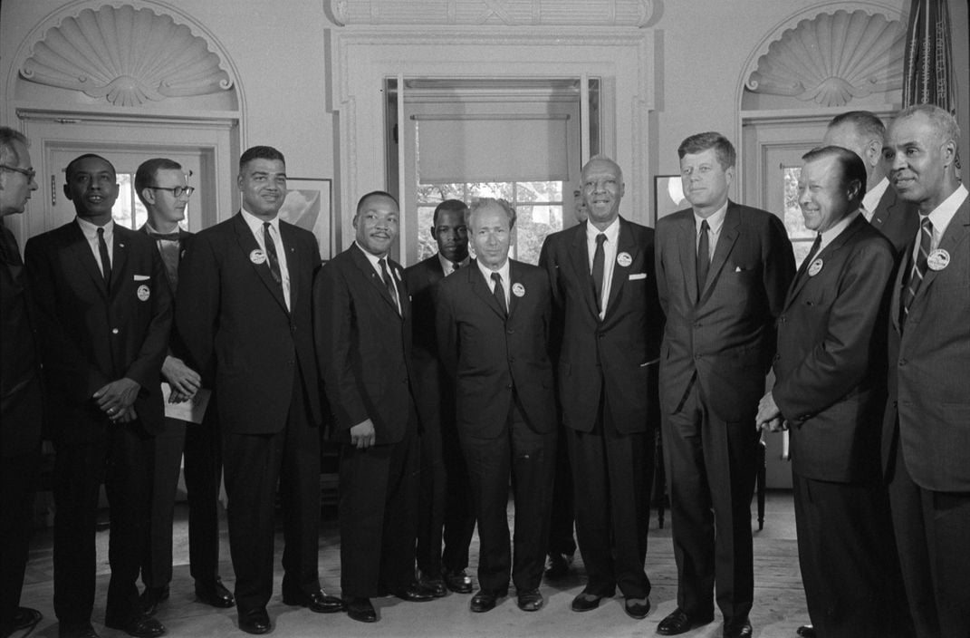 Civil rights leaders meet with President John F. Kennedy (third from left) at the White House in August 1963.