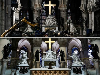 Top: Rubble inside Notre-Dame Cathedral in 2019. Bottom: The cathedral&#39;s renovated interior (including the tabernacle designed by French artist Guillaume Bardet)&nbsp;in 2024
