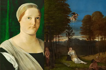 Reconstruction illustrating sliding cover as it opens, featuring Lorenzo Lotto's&nbsp;Portrait of Giovanna de' Rossi&nbsp;(left) and&nbsp;Portrait Cover With an Allegory of Chastity&nbsp;(right), circa 1505