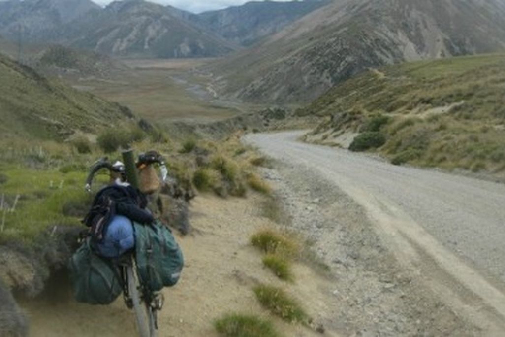 The author's bicycle patiently poses in a land of "beauty, heartbreak and challenge" in the Molesworth wilderness.