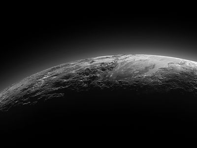 An image from the New Horizons satellite showing three officially named features on Pluto: Norgay Montes, Hillary Montes and Sputnik Planitia