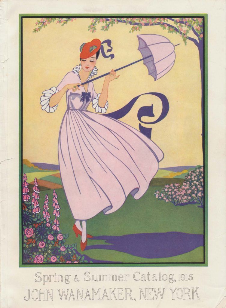 Cover of early 20th century trade catalog featuring illustration of woman with parasol.