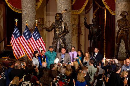 The unveiling ceremony of the statue of Ponca Chief Standing Bear in Statuary Hall on Capitol Hill.