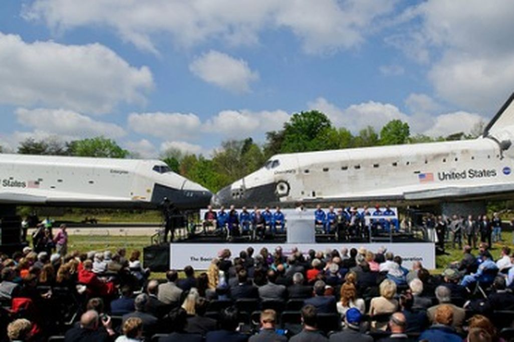 Discovery, right, greets the departing Enterprise, left, at the Welcome Discovery ceremony.