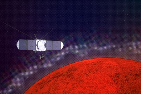 Graphic illustrating the MAVEN spacecraft encountering plasma layers at Mars.