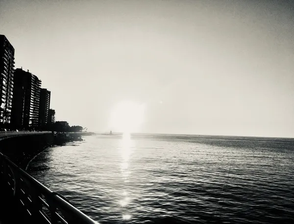 Beirut Sunset: A Harmony of Sea and Architecture in Black and White thumbnail