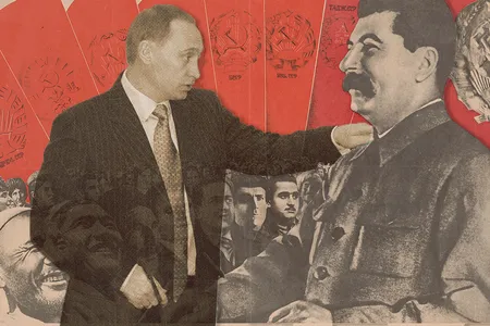 A collage of Vladimir Putin placing his hand on Joseph Stalin&#39;s shoulder. Richard Cohen&#39;s new book&nbsp;Making History&nbsp;details the links between the two Russian leaders.