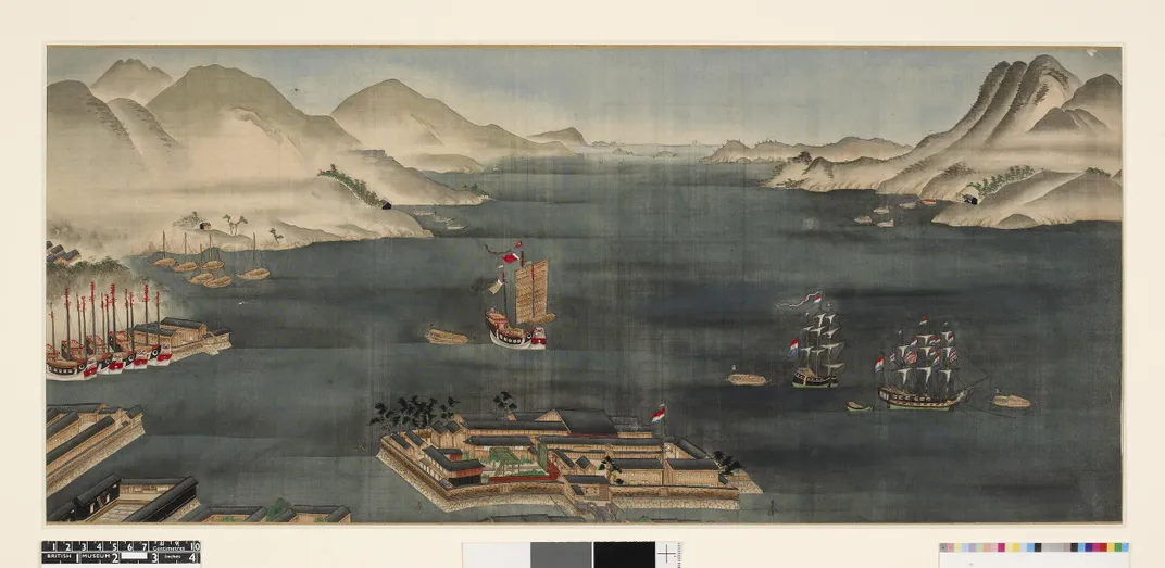 Nagasaki Harbor, with Dejima in the foreground and Dutch and Chinese ships in the water; painted between 1800 and 1825