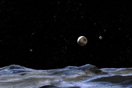 An artist's rendering of the Pluto system seen from the surface of one of its moons.