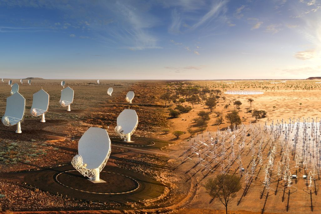 An artist's rendition of the telescope's dishes on the left and the telescope's antennae on the right.