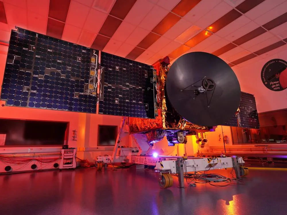 The Hope spacecraft of the United Arab Emirates' Emirates Mars Mission during testing.