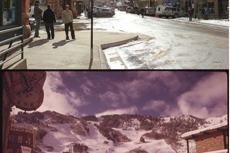 A difference of nearly four decades: at top, a ski area in Aspen, Colorado last year, captured by Ron Hoffman; at bottom, the same location in 1974, shot by Dustin Wesley.