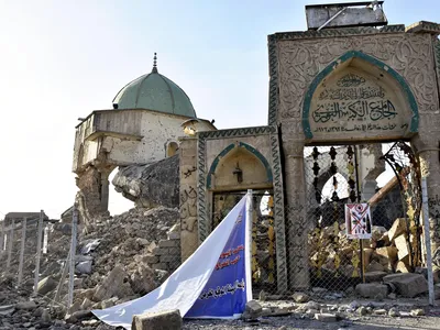 A picture taken on March 18, 2018 of the ruins of the al-Nuri Mosque in Mosul