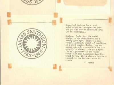 Crimilda Pontes created several designs for the James Smithson Bicentennial in 1965, including what would become the Institution's signature sunburst. (Smithsonian Archives, Acc. 89-024, Box 4., Smithsonian Institution Archives)
