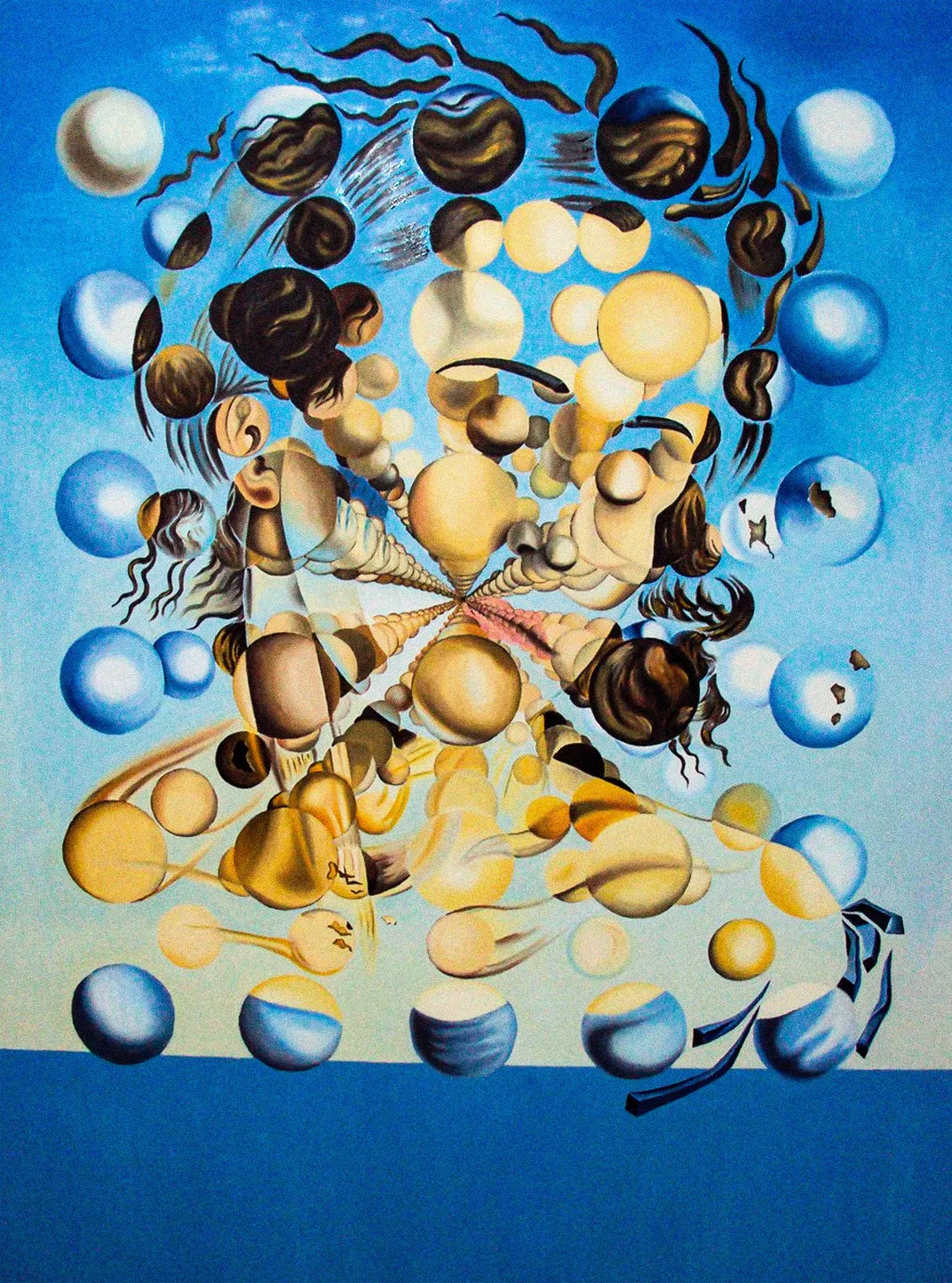 an artwork showing the portrait of a person, seen through colored hovering spheres