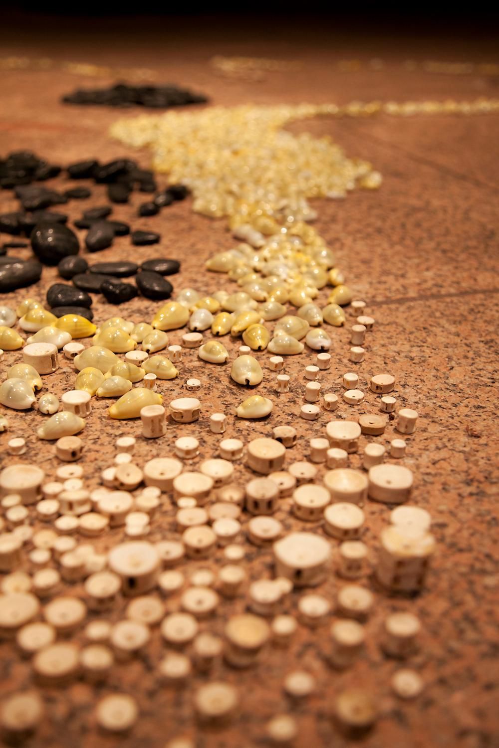 A river of shells, stones and wood trails across the floor.