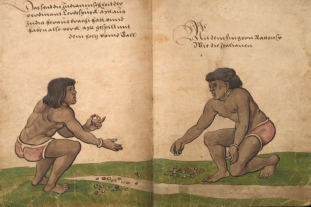 Indigenous people brought to Spain by Hernán Cortés play the game patolli
