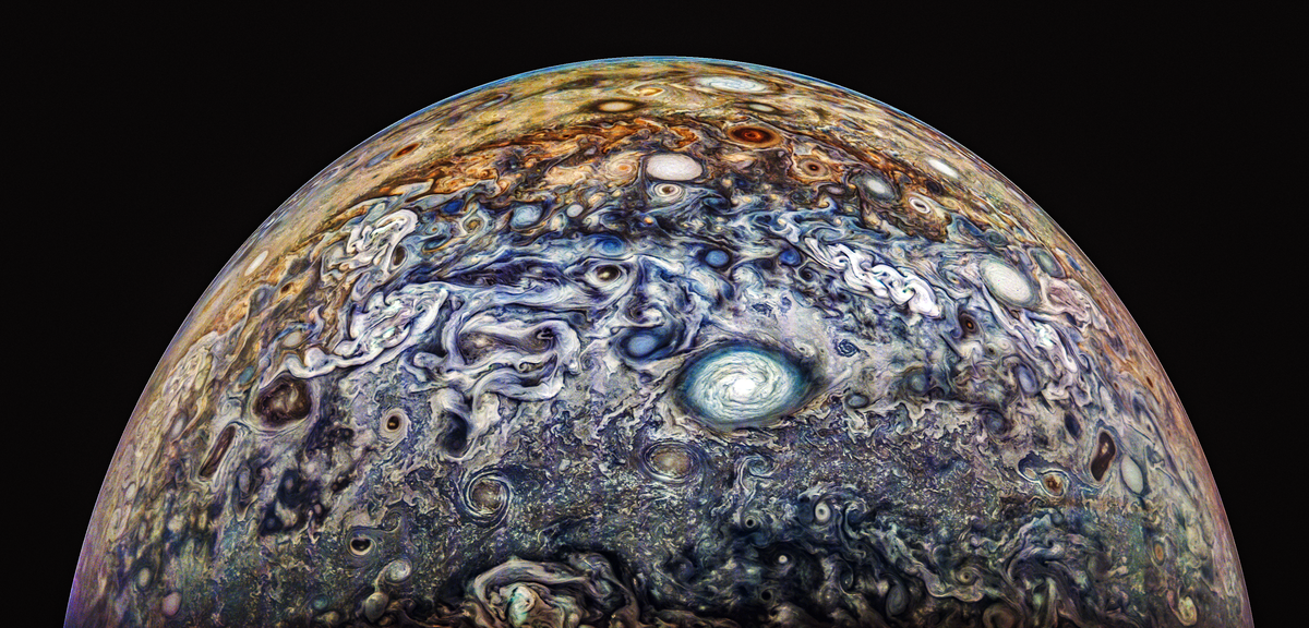 From the archive: On its 66th flyby of the king of planets, Juno captured these spectacular views of the stormy atmosphere. #InternationalAstronomyDay  <https:/