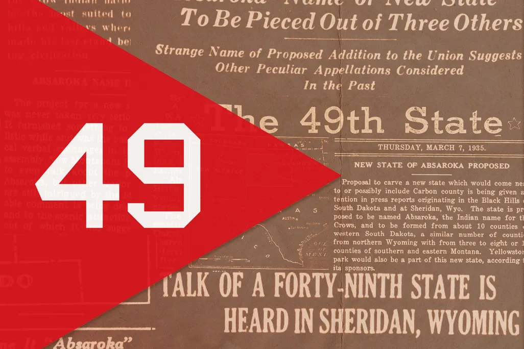 An illustration of Absaroka's proposed flag, overlaid atop newspaper headlines about the movement