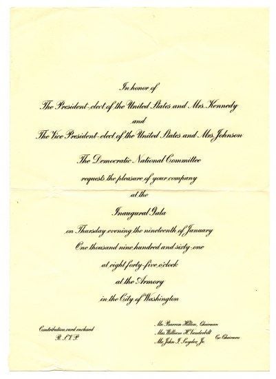 A formal invitation written in cursive for Ella Fitzgerald from the President and Vice President to attend the Inaugural Gala