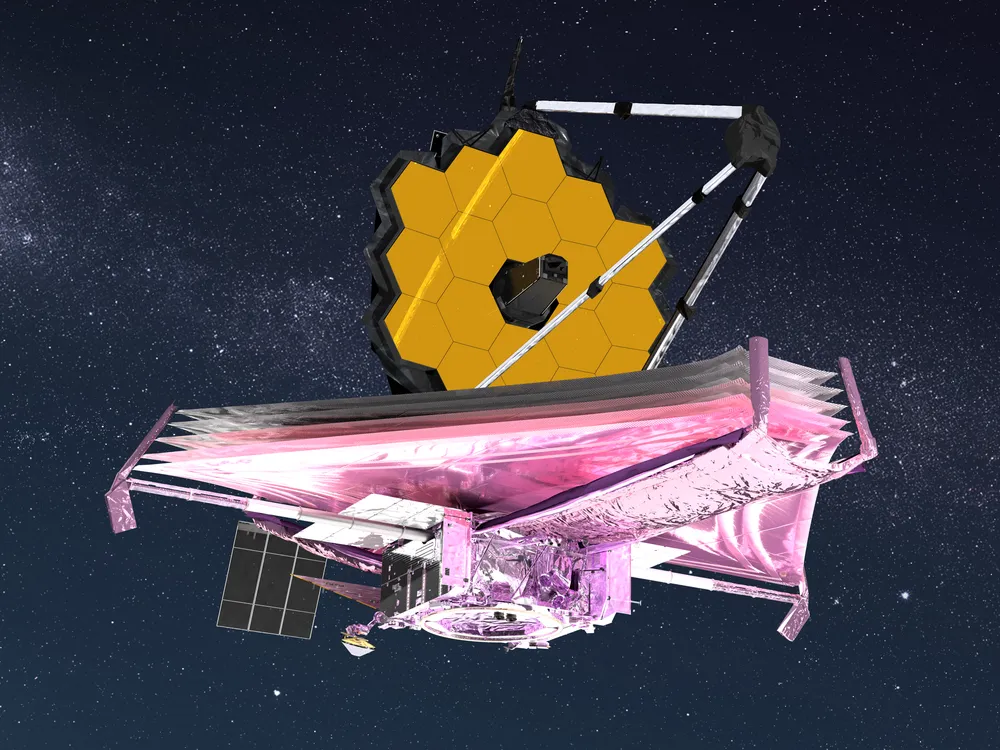 Artist conception of the James Webb Space Telescope against black backdrop