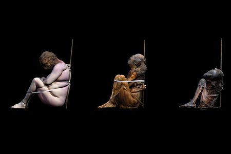 An illustration of a mummification experiment shows a bound body&#39;s breakdown of soft tissue after three weeks, and after seven months.