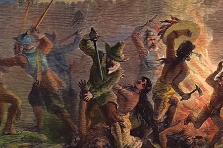 The ”peaceful” Pilgrims massacred the Pequots and destroyed their fort near Stonington, Connecticut, in 1637. A 19th-century wood engraving (above) depicts the slaughter.