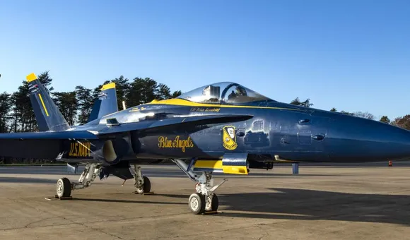 The F/A-18C Hornet, Bureau Number 163439, of the U.S. Navy Blue Angels, makes its last stop as it joins the National Air and Space Museum’s collection.