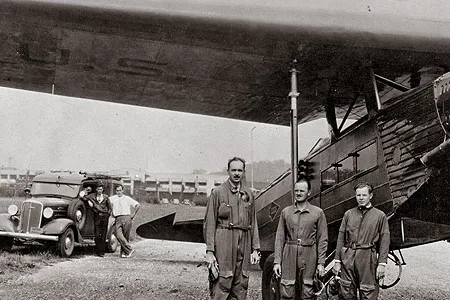 The pioneers: Captain Carl Crane, who invented the autoland system, Captain George Holloman, and engineer Raymond Stout (left to right).