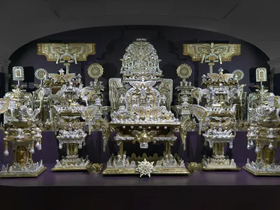 Large-scale installation, "The Throne of the Third Heaven," made of many silver and gold component parts.