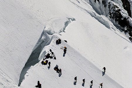 Helicopters were called in to help rescue climbers who fell into this crevasse on Mount Hood in 2002.
