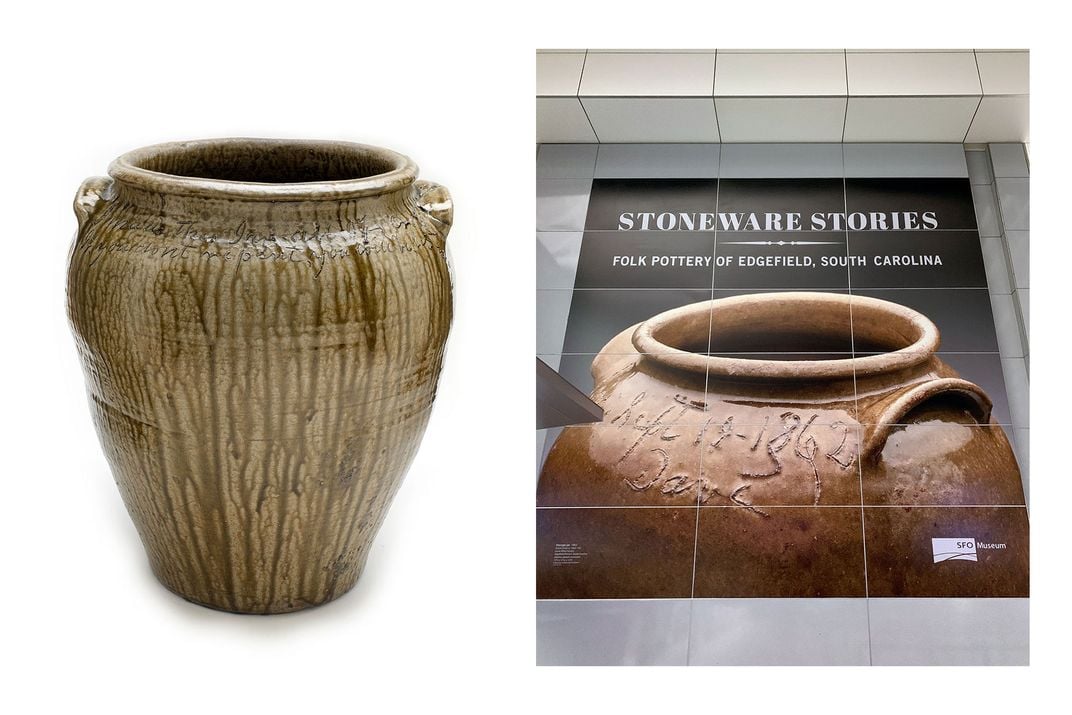 Left: Glazed ceramic jug with no face. Words are carved around top of the surface. Right: Large poster with an image of a ceramic jug, with an inscription in the top, including the name Dave. Text on the poster reads: STONEWARE STORIES.