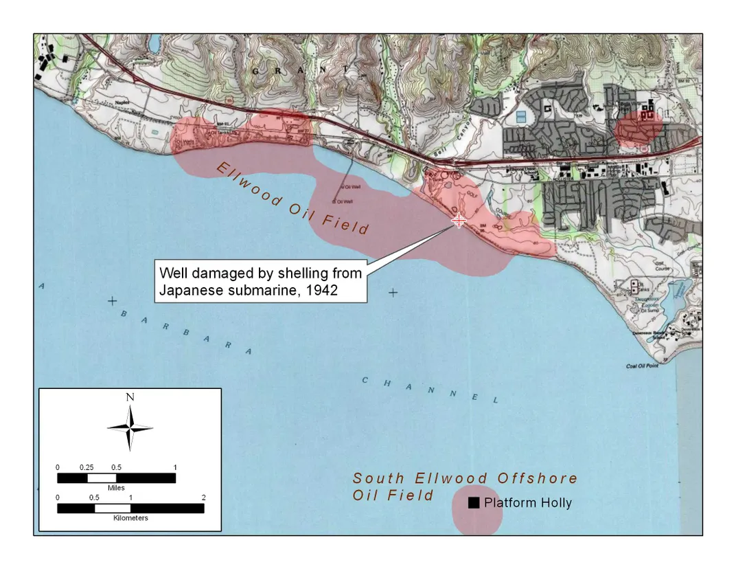 Detail map of Ellwood and Ellwood Offshore Oil Field