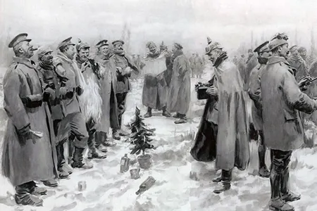 A drawing of the famous Christmas Truce of 1914, when German and British soldiers left their trenches to meet, talk and swap food in no-mans land.