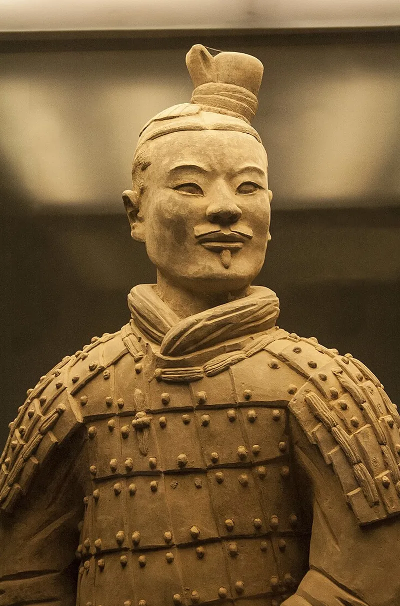 A close-up view of a terra-cotta warrior