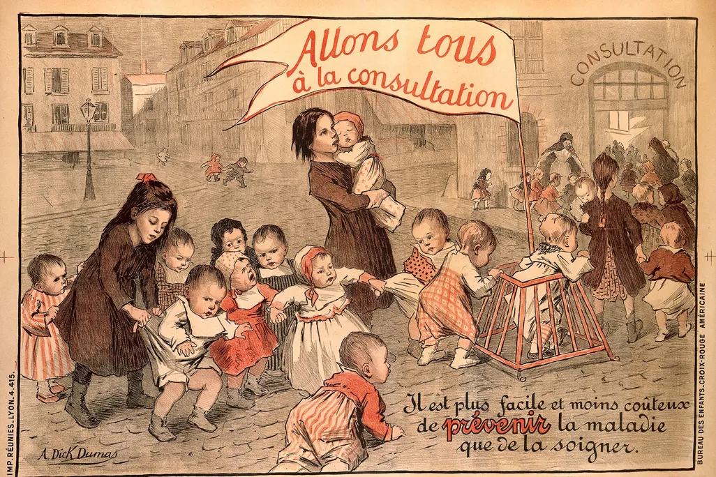 A lithograph by Alice Dick Dumas depicts children going to a clinic for a health check to prevent the advance of disease