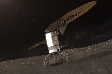 The Asteroid Redirect Vehicle gets ready to push off from the asteroid after grabbing a boulder in this artist’s interpretation
