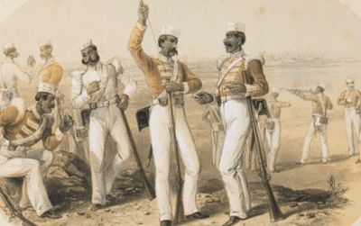 Indian soldiers in the service of the East India Company-who outnumbered British troops in India five to one–loading cartridges.