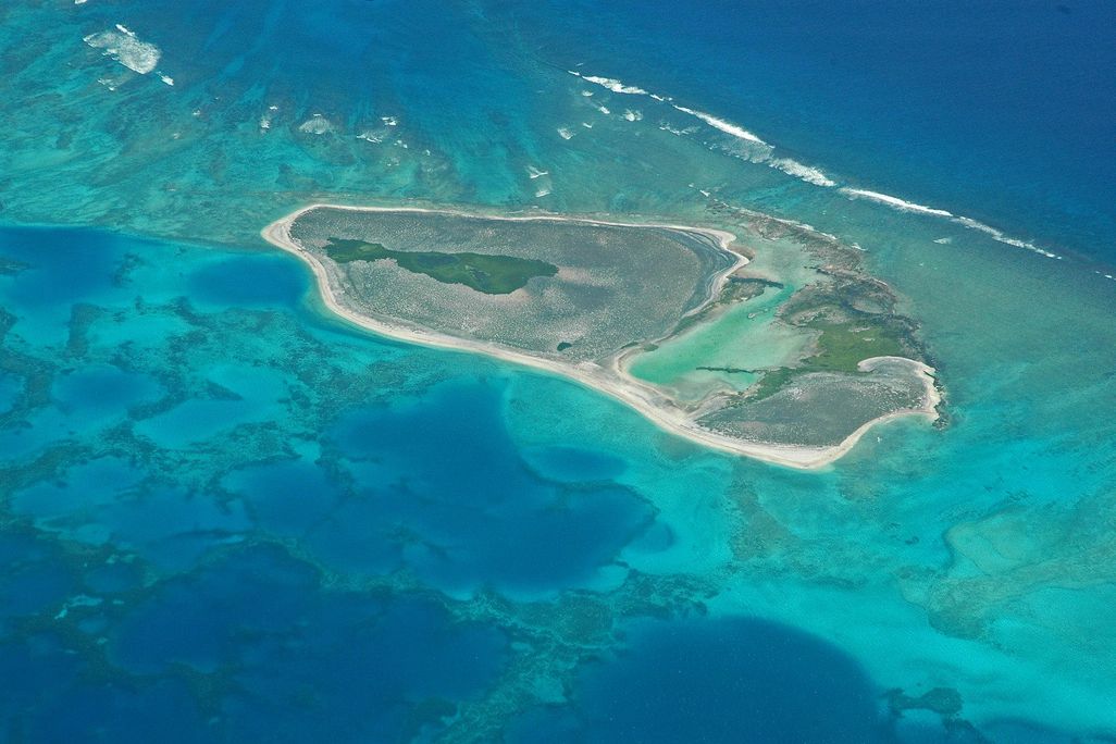 An aerial image of an atoll in the Pacific Ocean. The water is marbled green and blue, and there is a blob-shaped island in the middle. It has sandy banks with green (likely plants) on the island. There are several large lagoons inside as well. 