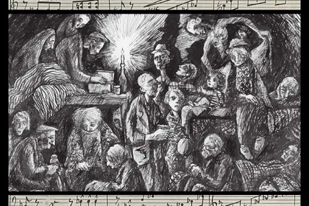 Primary image: Sleeping Quarters, by Czech Jewish prisoner Bedřich Fritta, depicts gruesome conditions. After the SS discovered Fritta&rsquo;s work, they detained him and sent him to Auschwitz, where he died. Background (detail): A musical score by Viktor Ullmann, which was created at Terezin.
