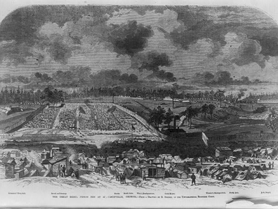 An artist's rendering of "the great rebel prison-pen at Andersonville, Georgia" that was included in a newspaper during Wirz's trial. 
